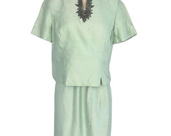 Vintage 1960s Misses' Samuel Grossman Light Green Silk Two Piece Dress // Size Small 4 6