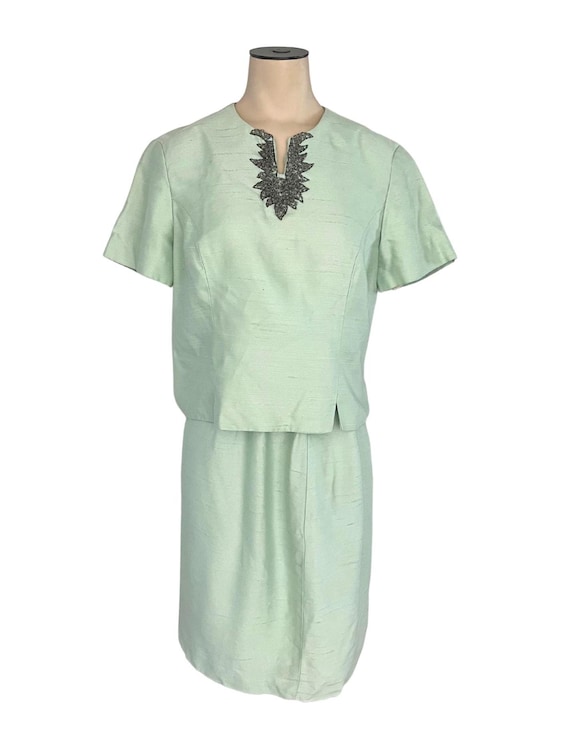 Vintage 1960s Misses' Samuel Grossman Light Green Silk Two Piece Dress // Size Small 4 6