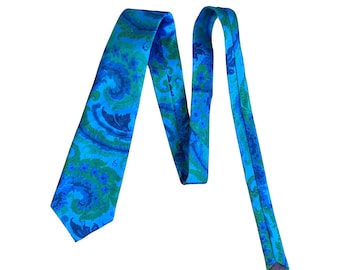 Vintage 1960s 70s Men's Blue Green Paisley Thai Silk Necktie Tie