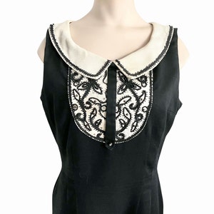 Vintage 1960s Black Cotton Dress with Jeweled Bib Neckline // Size M 8 10