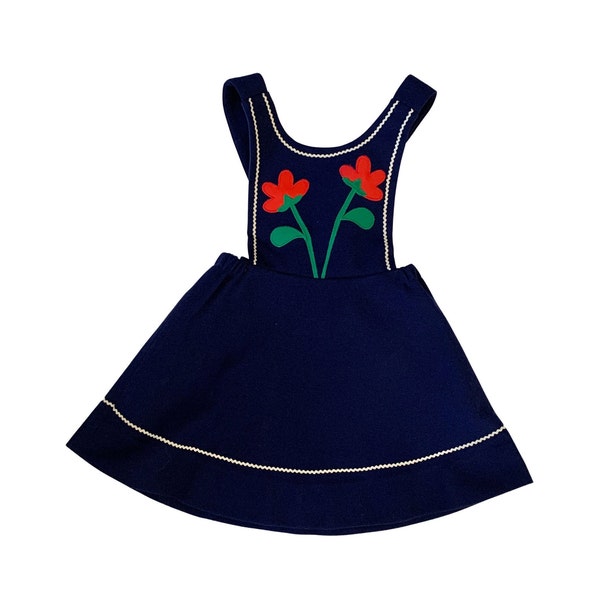 Vintage 1970s Florence Eiseman Little Girls' Navy Blue Jumper Red Appliqué  Flowers // 4T