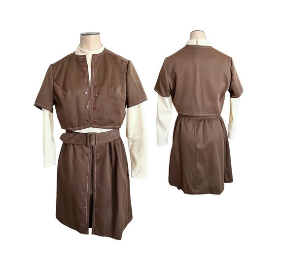 Vintage 1960s 70s Misses' Brown and Cream Polyest… - image 1