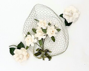 Vintage 1950s White Paper Millinery Flowers Veil Style Hat with Two Additional Flowers