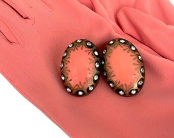 Vintage 1960s Coral Pink Black Gold Painted Rhinestone Clip Earrrings