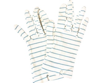 Vintage 1960s White and Blue Stripe Women's Nylon Gloves // One Size