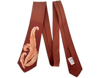 Vintage jaren 1940 50 JC Penney Brown Dacron Polyester stropdas stropdas met geschilderd bladontwerp