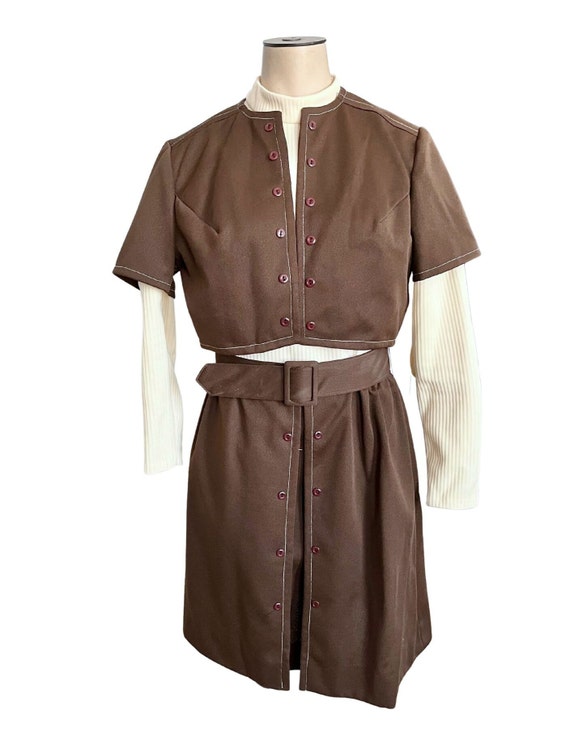 Vintage 1960s 70s Misses' Brown and Cream Polyest… - image 2