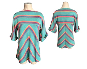 Vintage 1970s Misses' Aileen Turquoise Yellow Teal Pink Stripe Acrylic Tunic Sweater // Size S M L