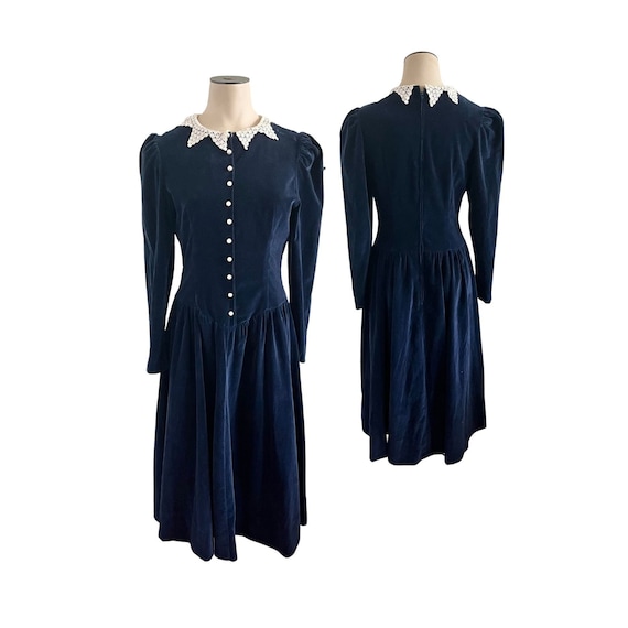 Vintage 1940s 50s Misses' Navy Blue Velvet Dress … - image 1