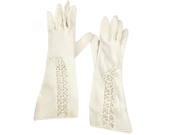 Vintage 1950s 60s Kay Fuchs "Lace Up" Long White Gloves // Size 6 1/2