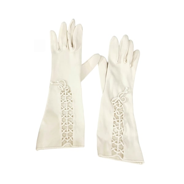 Vintage 1950s 60s Kay Fuchs "Lace Up" Long White Gloves // Size 6 1/2