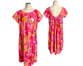 Vintage 1970s 80s Misses' Hawaiian Dress MuuMuu Fuchsia Yellow Green // Size M L XL