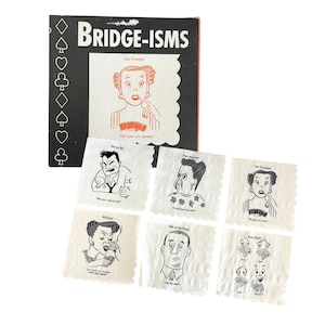 May include: Vintage "Bridge-Isms" card game box set. The black box features white text and suit symbols. The set includes cards with cartoon illustrations and phrases like "Oh! your ace, partner."