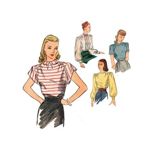 May include: Four illustrations of women wearing different blouses with puffed sleeves. The blouses are in various colours and patterns, including striped, white, blue, and yellow.