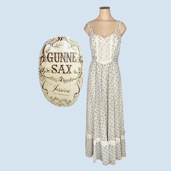 Vintage 1970s Gunne Sax by Jessica Mcclintock Blue White Floral