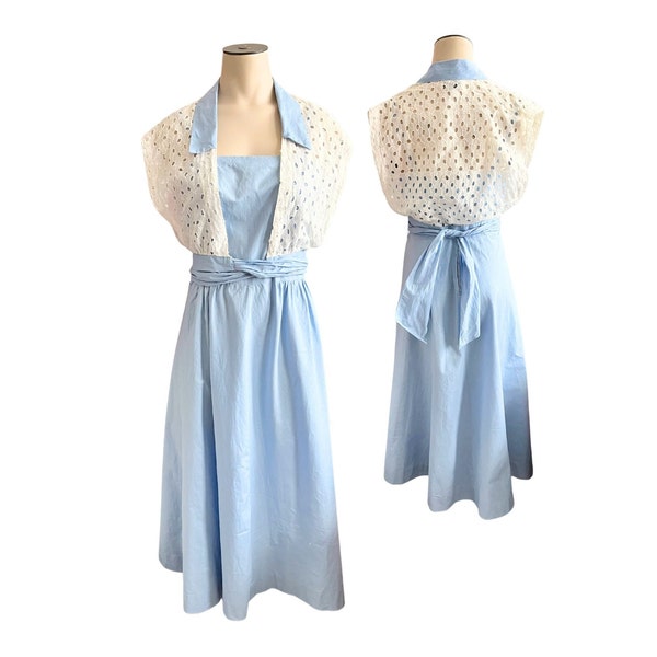 Vintage 1950s 60s Misses' Junior Fashions by Carole King Blue Cotton Sundress and Sleeveless Jacket Set // Size XS S 2 4