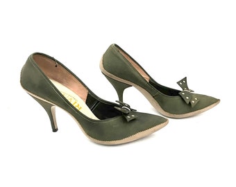Vintage 1950s Rivanni Dark Olive Italian Leather Shoes Heels // Size 5 1/2 M