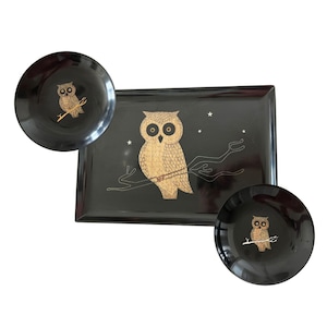 Vintage Couroc Black Decorative Owl Bowls and Tray MCM Boho Decor