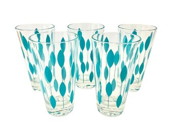 Vintage 1960s Turquoise Leaf Pattern Tumblers Set of 5 // 8 oz 5" Tall