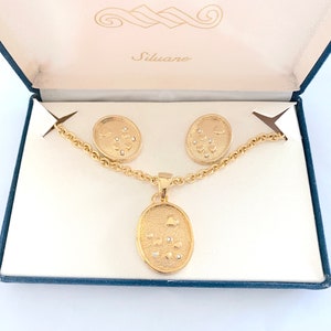 Vintage 1970s 80s Siluane Gold Tone Necklace and Clip Earrings Set