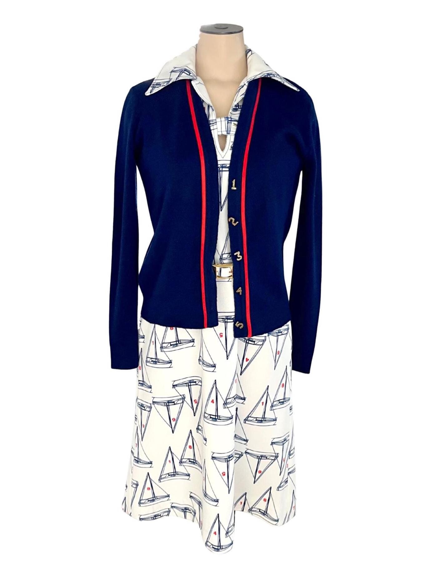 Vintage 1960s 70s Jamison Boutique Misses' White Navy Red Sailboat