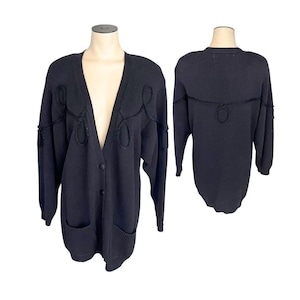 Suéter tipo cárdigan negro vintage de Chaus para mujer, años 80 y 90, con detalle de cuerda // Talla M