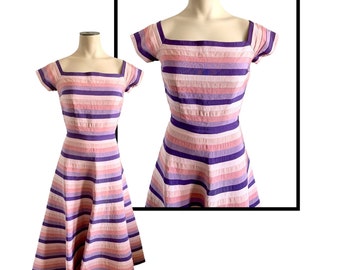 Vintage 1950s White, Blush, Pink, Lavender, and Purple Stripe "Ribbon" Dress // XS 0 2