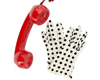 Vintage 1950s 60s White with Black Polka Dots Cotton Felt Gloves // Size 6 1/2 7