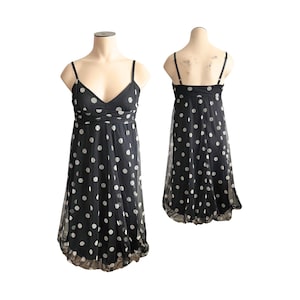 Vintage 1990s Necessary Objects Black and White Polka Dot Netting Dress // Size XS