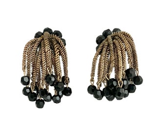 Vintage 1950s 60s Western Germany Black Glass Bead and Brass Tone Metal Cord Clip Earrings