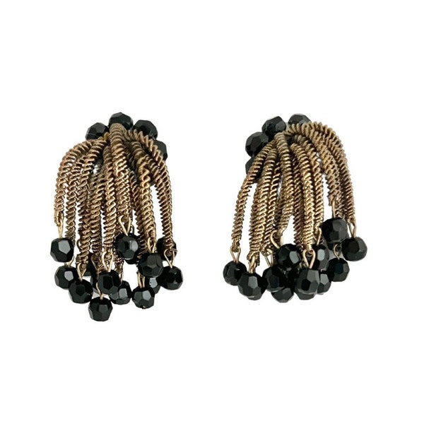 Vintage 1950s 60s Western Germany Black Glass Bead and Brass Tone Metal Cord Clip Earrings