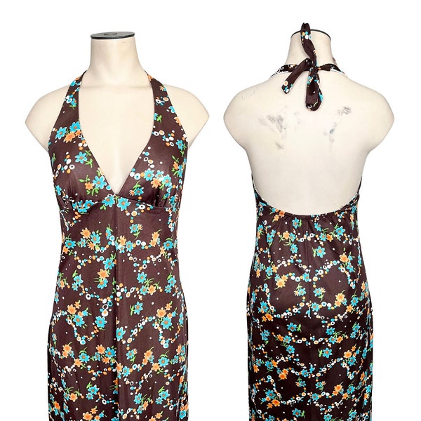 Vintage 1970s JC Penney Brown Floral Halter Dress // XS S