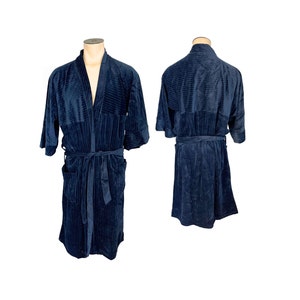 Vintage 1970s 80s NEW Old Stock Men&#39;s Mr. Ralph Navy Blue Cotton Velour Robe