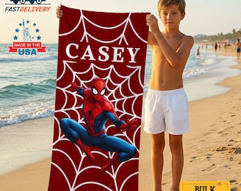Personalized Spiderman Beach Towel,Custom Superhero Spider Towel with Name,Ghost Spider Towel,Red Spider Web Design for Boys,Birthday Gifts