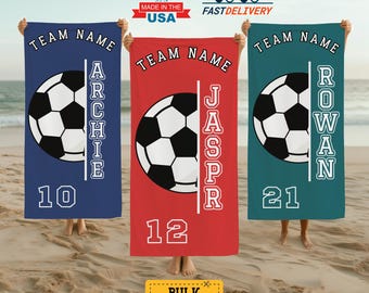 Personalized Soccer Team Beach Towel,Custom Senior Soccer Name Pool Towel,Summer Sport Gift,Soccer Player Towel,Soccer Club Gift for Kids