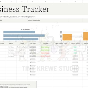 May include: A spreadsheet titled "Business Tracker" with data on payments, invoices, and due dates. Includes charts and tables with columns for order details, progress, and payment status. The text "Tiny Krewe Studio" is visible.