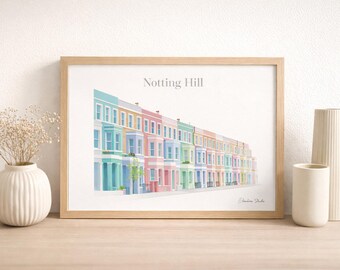Notting Hill Minimal Poster – London bunte Häuser Kunst – Reise-Wand-Dekor – Digital Download