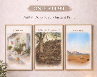 Set von 3 Tier Reisepostern | Athen Katzen, Lopburi Affen, Sahara Kamel (Digitaler Download)