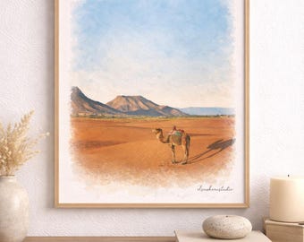 Sahara Wüste Aquarell Poster- Marokko Wand Kunst- Kamel- Druck