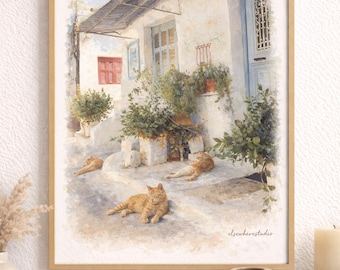 Athen Griechenland Aquarell Poster-Katzenwandkunst-Mittelmeerstraße Druck