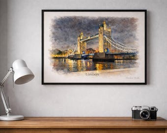 London Wall Art Aquarell | Tower Bridge Reise Poster |  Aquarell Stadt Illustration | Digitaler Download