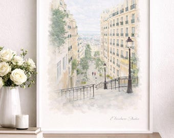 Montmartre Paris Aquarell Druck – Pariser Straßenszene (Digitaler Download)