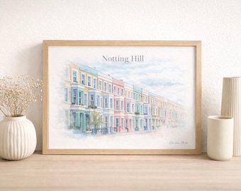 Notting Hill Aquarell Poster – London Bunte Häuser Kunst – Reise-Wanddeko – Digital Download