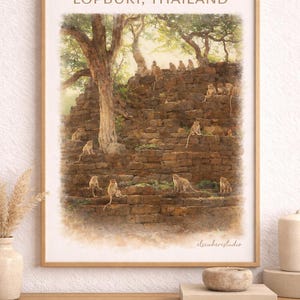 Póster de acuarela de Lopburi, Tailandia - Arte mural de monos - Templo de la jungla