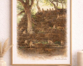 Lopburi Thailand Aquarell Poster-Affe Wand Kunst-Dschungel Tempel
