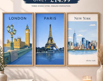 3er Set Minimalistische Reiseposter | London, Paris, New York City Drucke (Digitaler Download)
