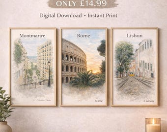 3er Set Paris Rom Lissabon Aquarell Reiseposter (Digitaler Download)