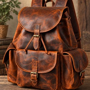 Puede incluir: Una mochila de cuero marrón con un compartimento principal grande con cierre de solapa, un bolsillo frontal y dos bolsillos laterales. Cada compartimento está asegurado con una correa y una hebilla de metal color latón. El cuero tiene textura.