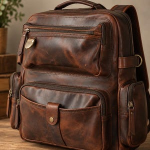 Könnte beinhalten: Ein dunkelbrauner Lederrucksack mit mehreren äußeren Reißverschlussfächern, einem Tragegriff und einer Vordertasche mit Druckknopfverschluss. Das Leder hat ein abgenutztes Finish mit sichtbaren Nähten und Beschlägen aus antikem Messing.