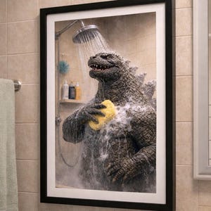 Può includere: Stampa incorniciata di Godzilla che fa la doccia. Il mostro usa una spugna gialla sotto un soffione. L'immagine è incorniciata in una cornice nera ed è montata su una parete piastrellata, in un bagno.